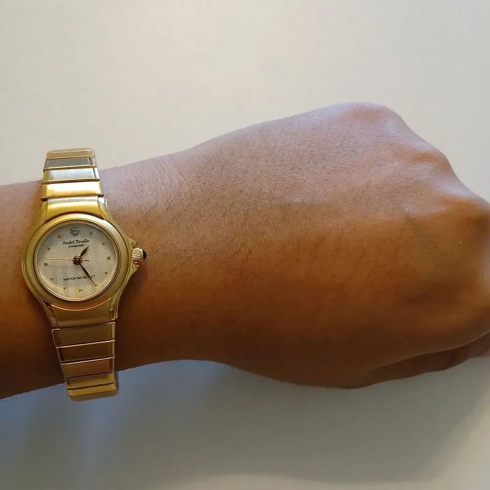 VTG 90s Andre Rivalle Diamond Women's Gold Tone Stretch Band Quartz Watch 22mm